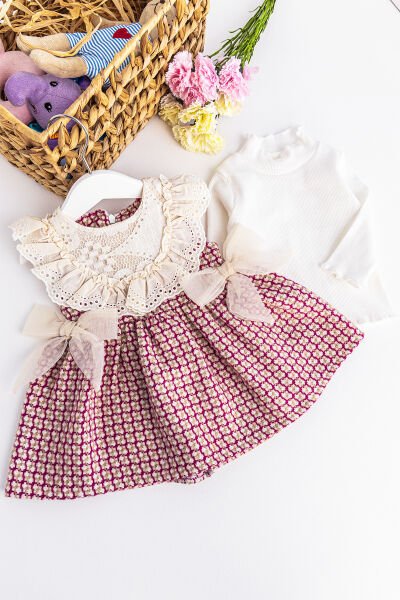 Kız Bebek Elbise Güpür Yakalı Fiyonklu Body Elbise Takım