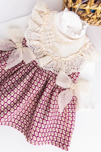 Kız Bebek Elbise Güpür Yakalı Fiyonklu Body Elbise Takım