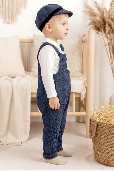 Papyonlu Kasketli Erkek Bebek Salopet Tulum Set LACİVERT - 9 Ay