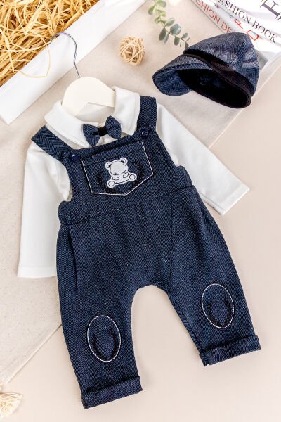 Papyonlu Kasketli Erkek Bebek Salopet Tulum Set LACİVERT - 9 Ay