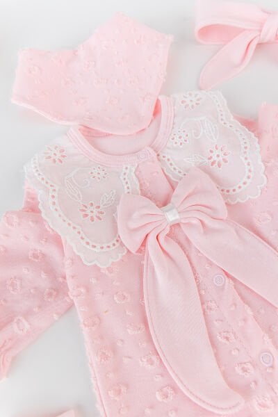 Güpürlü Fistolu Fiyonklu 5'li Kız Bebek Hastane Çıkışı Bebek Takımı