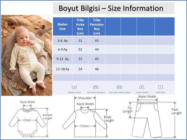 Triko Yumuşak Dokulu 2'li Çiçek Nakışlı Hırkalı Kız BebekTakım Ekru -  6-9 AY
