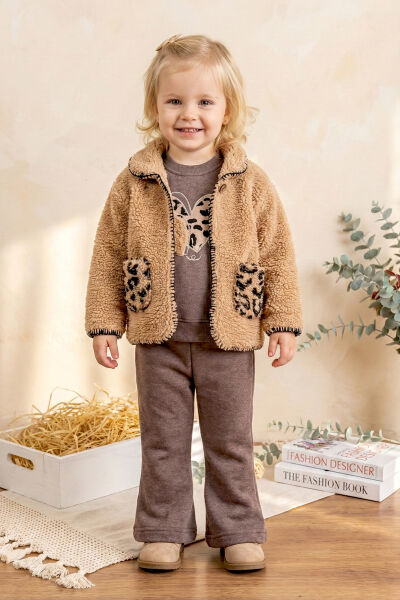 Peluş Hırkalı İki İplik Kışlık Kız Bebek Takım Set
