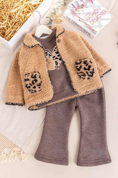 Peluş Hırkalı İki İplik Kışlık Kız Bebek Takım Set
