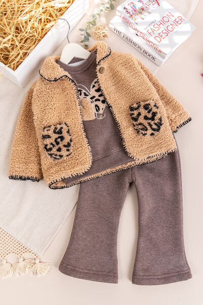 Peluş Hırkalı İki İplik Kışlık Kız Bebek Takım Set