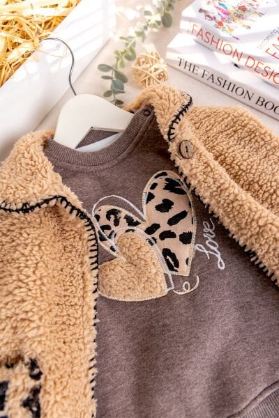 Peluş Hırkalı İki İplik Kışlık Kız Bebek Takım Set