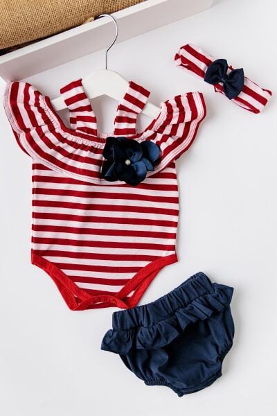 Babymod Kız Bebek Kırmızı Çizgili Bandanalı TulumluTakım