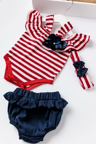 Babymod Kız Bebek Kırmızı Çizgili Bandanalı TulumluTakım
