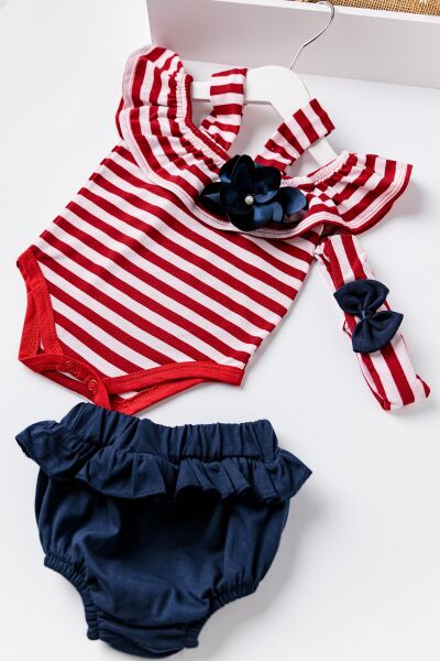 Babymod Kız Bebek Kırmızı Çizgili Bandanalı TulumluTakım
