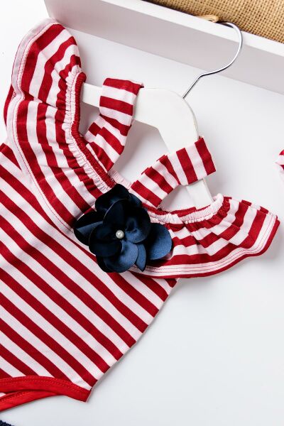 Babymod Kız Bebek Kırmızı Çizgili Bandanalı TulumluTakım