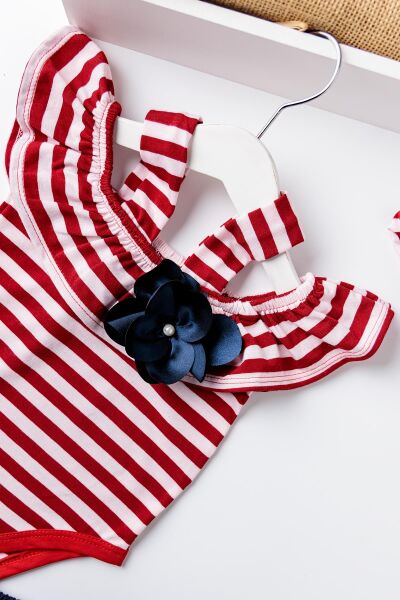 Babymod Kız Bebek Kırmızı Çizgili Bandanalı TulumluTakım