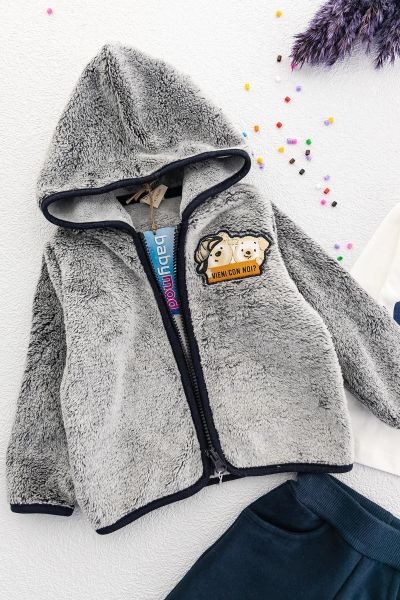 Erkek Bebek Ayıcık Figürlü Kapüşonlu Hırkalı Bebek Takım