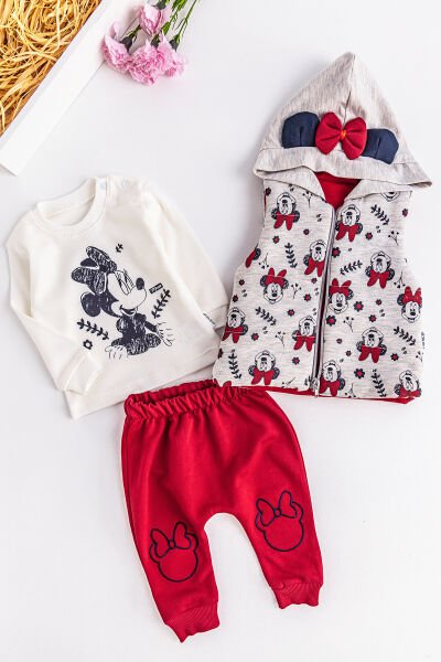 Minnie Mouse Figürlü Kapüşonlu Yelekli 3 Parça Kız Bebek Takım