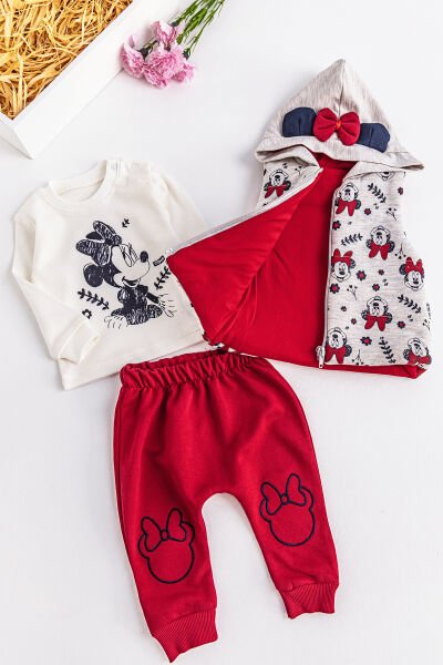 Minnie Mouse Figürlü Kapüşonlu Yelekli 3 Parça Kız Bebek Takım