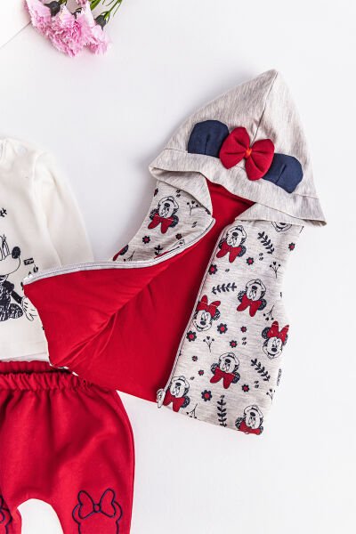 Minnie Mouse Figürlü Kapüşonlu Yelekli 3 Parça Kız Bebek Takım