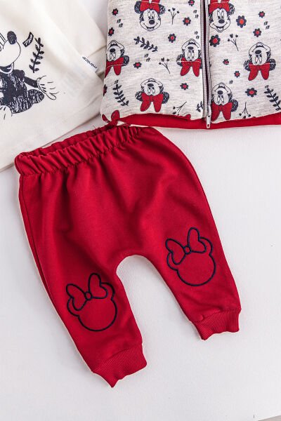 Minnie Mouse Figürlü Kapüşonlu Yelekli 3 Parça Kız Bebek Takım