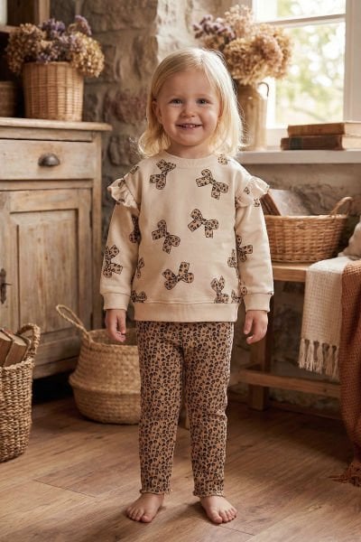 Fiyonk Baskılı Leopar Desenli İkili Pamuklu Kız Bebek Çocuk Takım