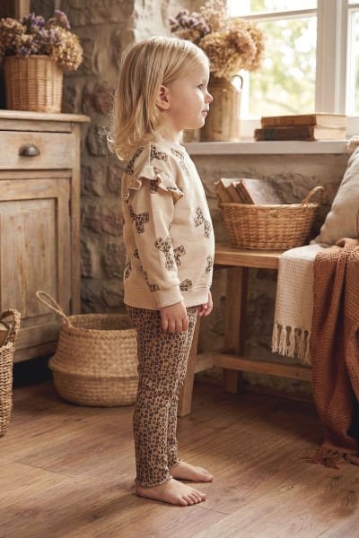 Fiyonk Baskılı Leopar Desenli İkili Pamuklu Kız Bebek Çocuk Takım