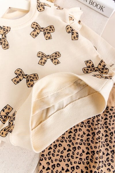 Fiyonk Baskılı Leopar Desenli İkili Pamuklu Kız Bebek Çocuk Takım