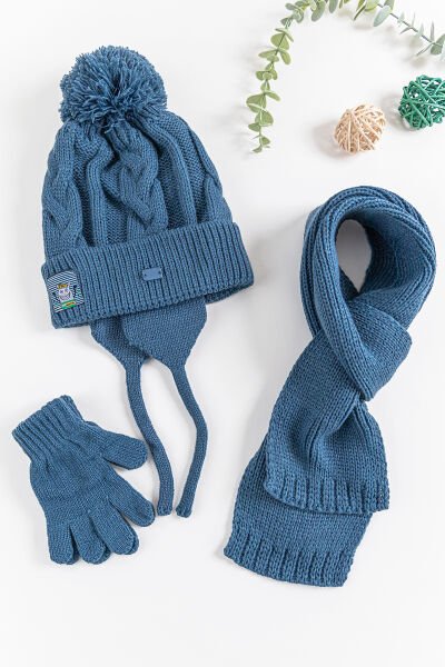 Ponponlu Kulaklıklı 1-4 Yaş Erkek Çocuk Atkı Bere Eldiven Takımı