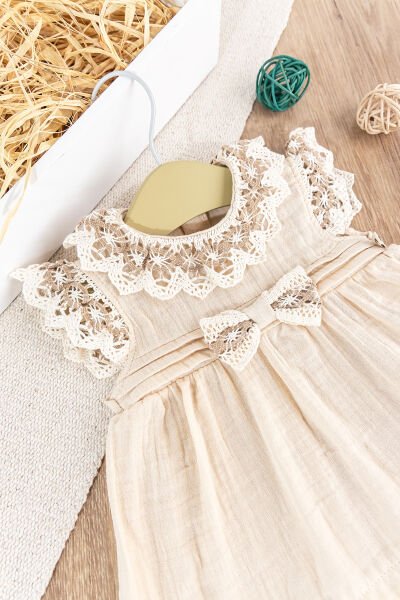 Güpürlü Müslin Kız Bebek Elbise Bebek 2'li Takım KREM -  6-9 AY