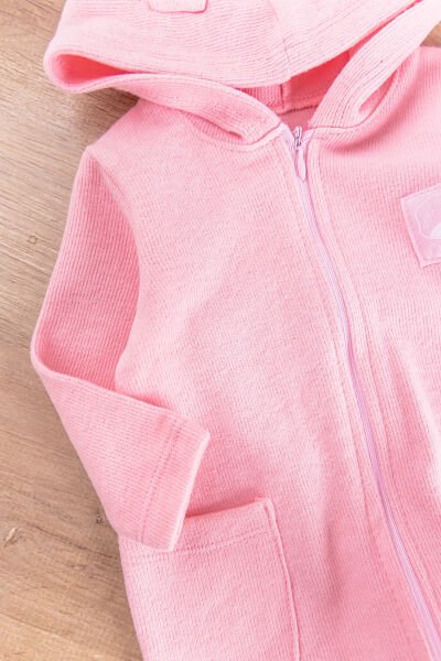 Kapüşonlu Önden Fermuarlı Kız/Erkek Bebek Tulum PEMBE -  12-18 AY