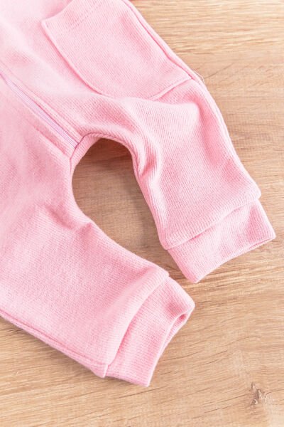 Kapüşonlu Önden Fermuarlı Kız/Erkek Bebek Tulum PEMBE -  12-18 AY