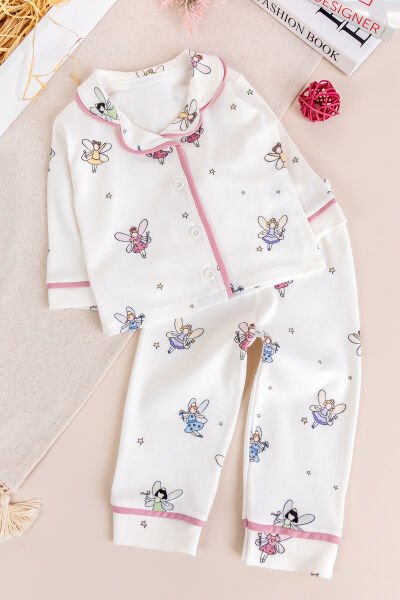 Bebe Yaka Önden Düğmeli Melek Desenli Kız Bebek Pijama