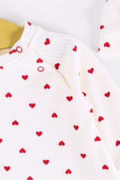 Kalp Desenli Şapkalı Kız Bebek Tulum