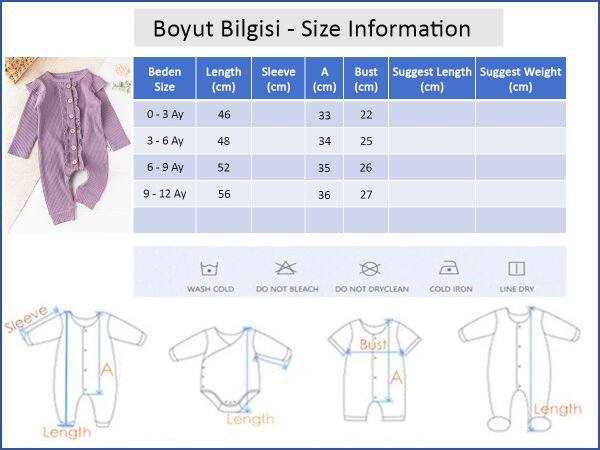 Önden Düğmeli Fırfırlı Kız Bebek Tulum MOR -  9-12 AY