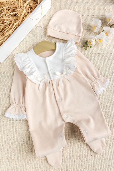 Yakası Fırfırlı Şık  Kız Bebek Tulum KREM -  0-3 AY