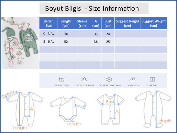Çiçek Desenli 2'li Uzun Kollu Kız Bebek Tulum Takım YEŞİL - 3-6 AY