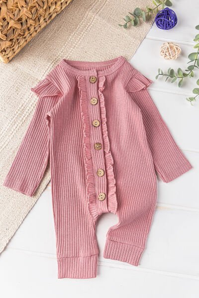 Önden Düğmeli Fırfırlı Kız Bebek Tulum Gül kurusu -  9-12 AY