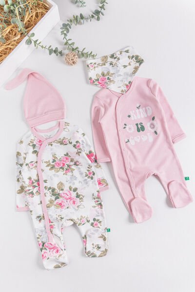 Çiçek Desenli 2'li Uzun Kollu Kız Bebek Tulum Takım PEMBE - 3-6 AY