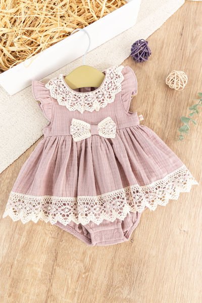 Güpürlü Fiyonklu Yazlık Müslin Kız Bebek Elbise Bebek Tulum Gül kurusu -  6-9 AY