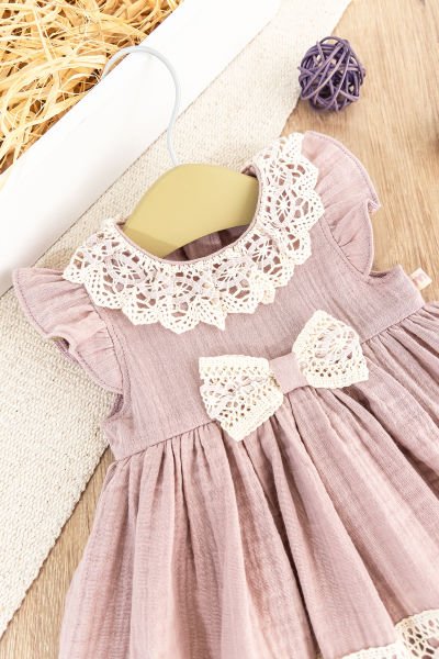 Güpürlü Fiyonklu Yazlık Müslin Kız Bebek Elbise Bebek Tulum Gül kurusu -  6-9 AY