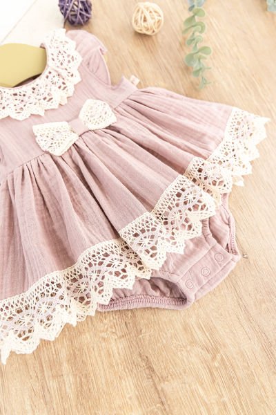 Güpürlü Fiyonklu Yazlık Müslin Kız Bebek Elbise Bebek Tulum Gül kurusu -  6-9 AY