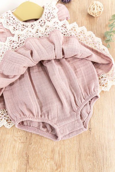 Güpürlü Fiyonklu Yazlık Müslin Kız Bebek Elbise Bebek Tulum Gül kurusu -  6-9 AY