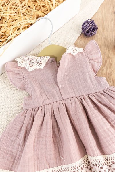 Güpürlü Fiyonklu Yazlık Müslin Kız Bebek Elbise Bebek Tulum Gül kurusu -  6-9 AY