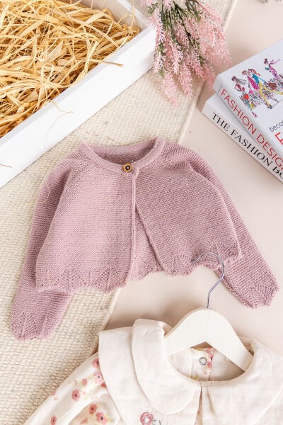 Bebe Yaka Çiçek Desenli 100% Pamuk Müslin Triko Hırkalı Kız Bebek Elbise Gül kurusu - 18-24 AY
