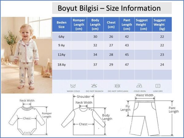 Fiğürlü Bebe Yaka Önden Düğmeli Kız Bebek Pijama Takımı