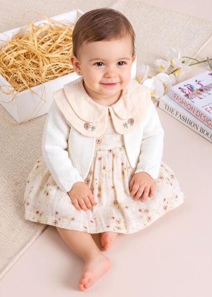 Bebe Yaka Çiçek Desenli 100% Pamuk Müslin Triko Hırkalı Kız Bebek Elbise Ekru -  9-12 AY