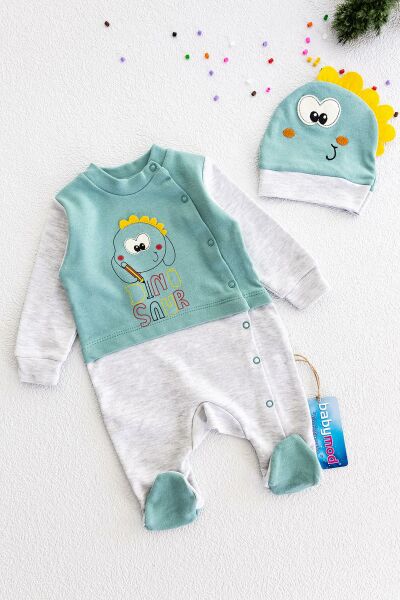 Erkek Bebek Dino Figürlü Şapkalı Bebek Tulum