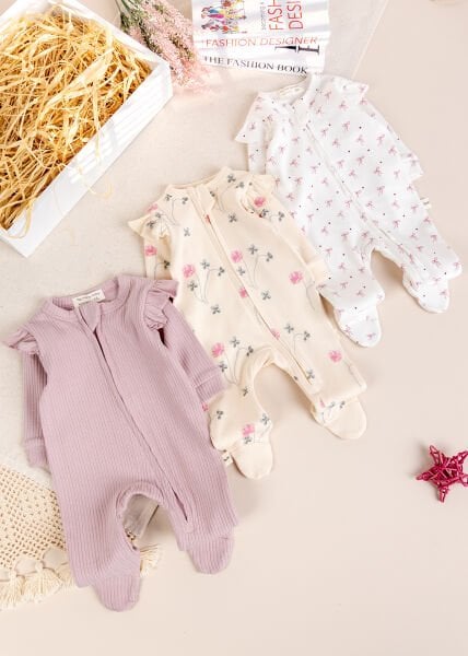 Üçlü 100% Pamuk Kız Bebek Tulum