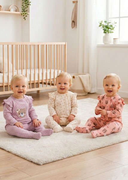 Üçlü 100% Pamuk Kız Bebek Tulum Çok renkli -  0-3 AY