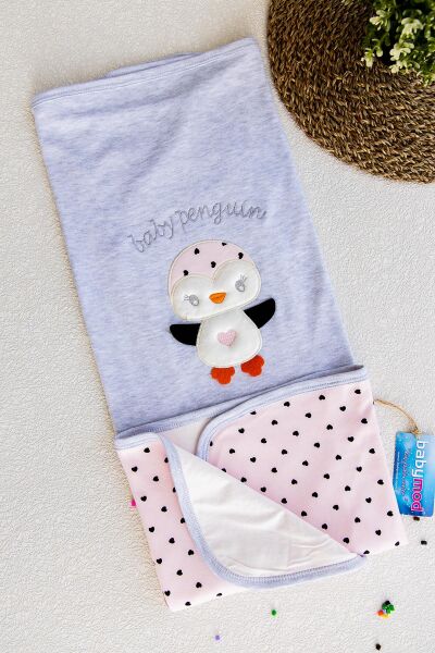 Penguen Baskılı Çift Kat Penye Bebek Battaniye
