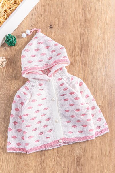 Kapüşonlu Puantiyeli  Kız/Erkek Bebek Triko Hırka PEMBE - 3-6 AY