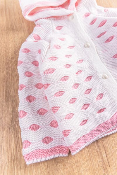 Kapüşonlu Puantiyeli  Kız/Erkek Bebek Triko Hırka PEMBE -  6-9 AY