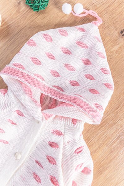 Kapüşonlu Puantiyeli  Kız/Erkek Bebek Triko Hırka PEMBE -  6-9 AY