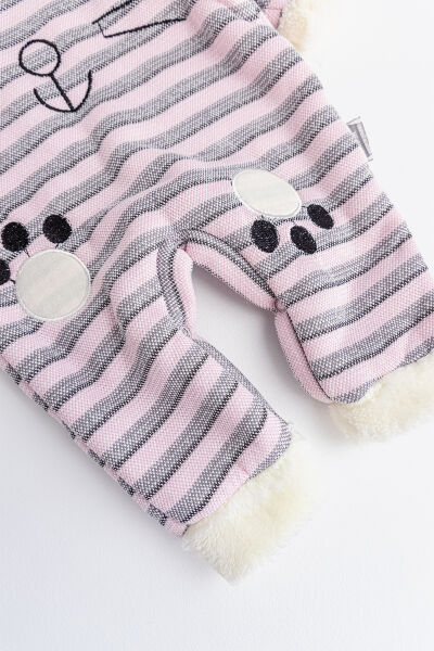 Tavşan Figürlü Kapüşonlu İçi Peluş Kız Bebek Tulum